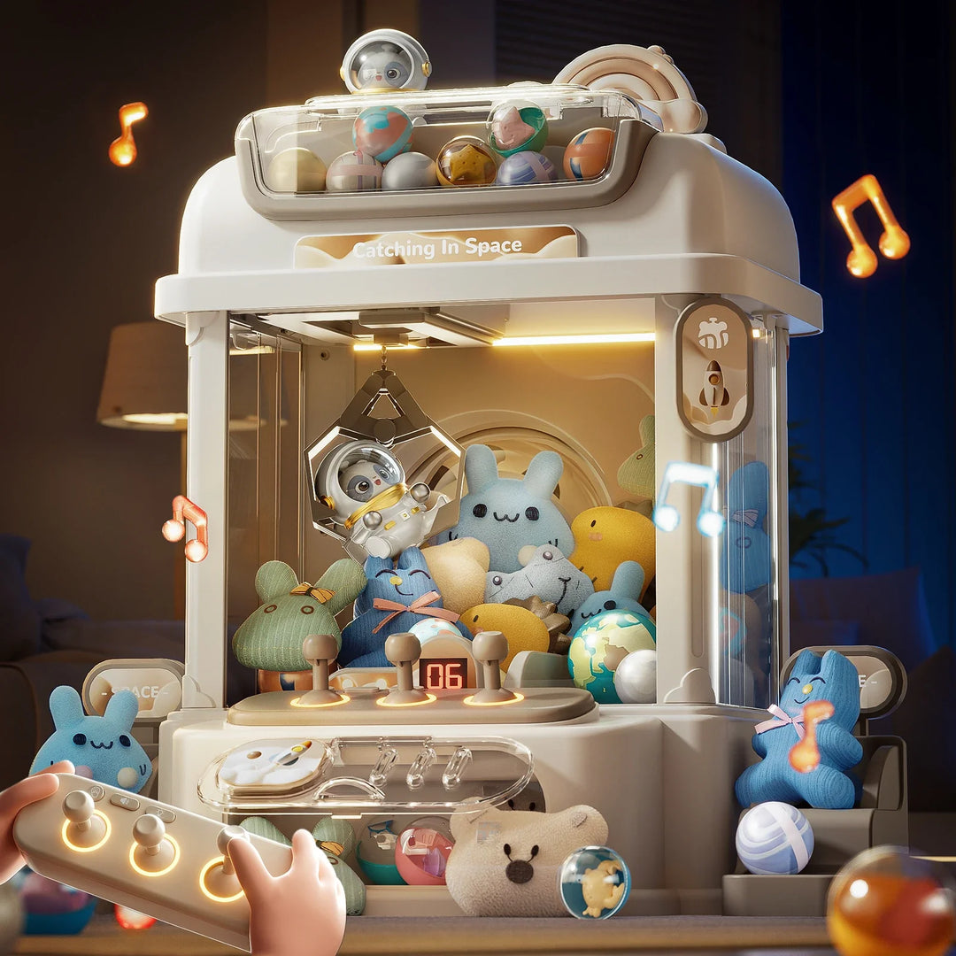 Glowing toy vending machine with various colorful toys inside, set against a dark background.