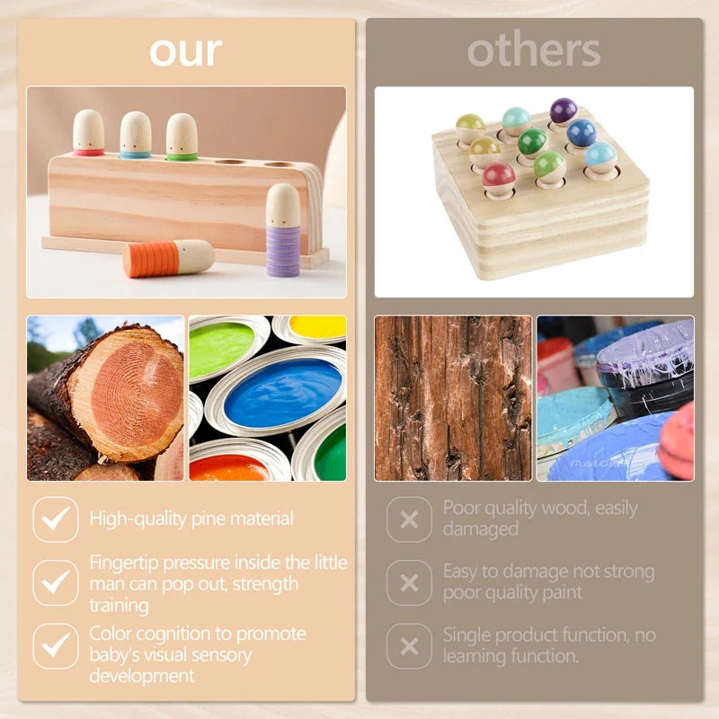 Comparison of high-quality pine material toy set with poor quality wood toy set on a beige and brown background.