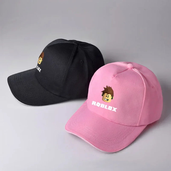 Black and pink caps with Roblox logo on a gray background.