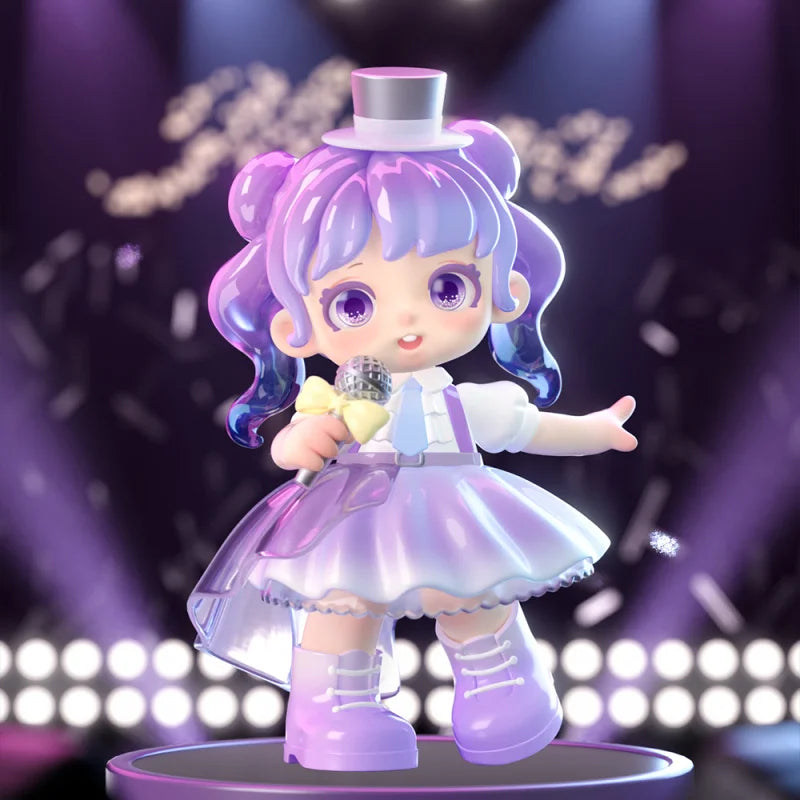 Animated character with purple hair and outfit on a stage with lights.