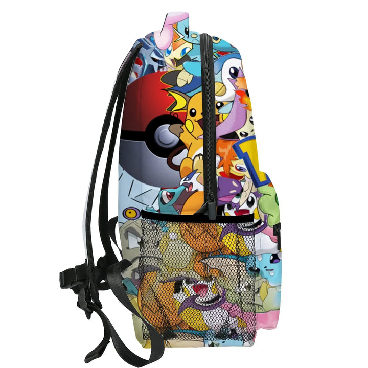 Backpack with colorful cartoon character design on a white background.