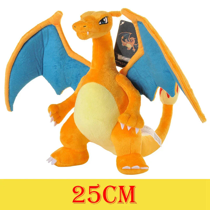 Plush dragon toy with blue wings and orange body on a white background.