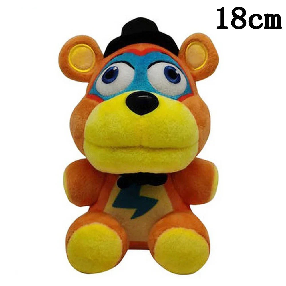 Plush toy bear with superhero design, 18cm tall, on a white background.