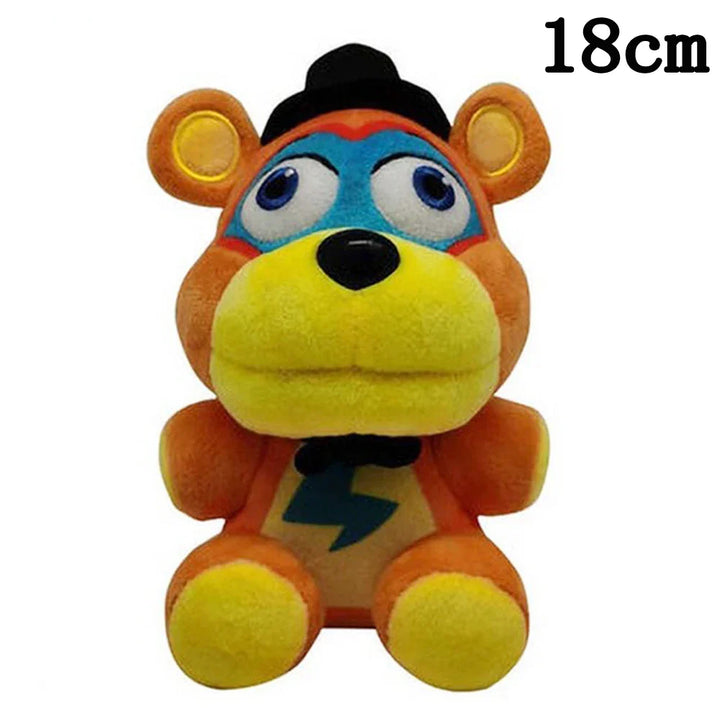 Plush toy bear with superhero design, 18cm tall, on a white background.