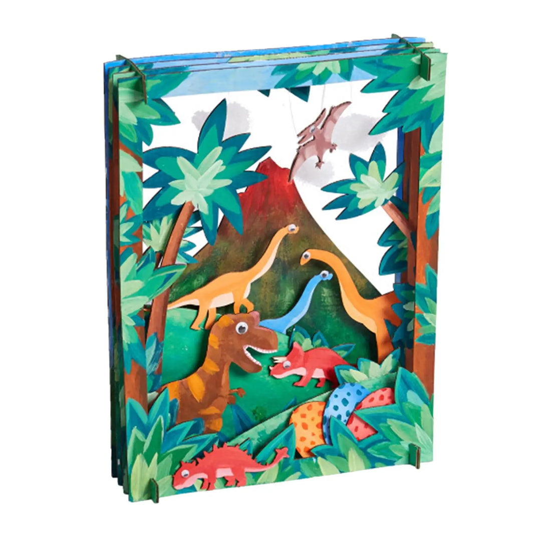 Colorful dinosaur-themed children's book with a jungle design on a white background.