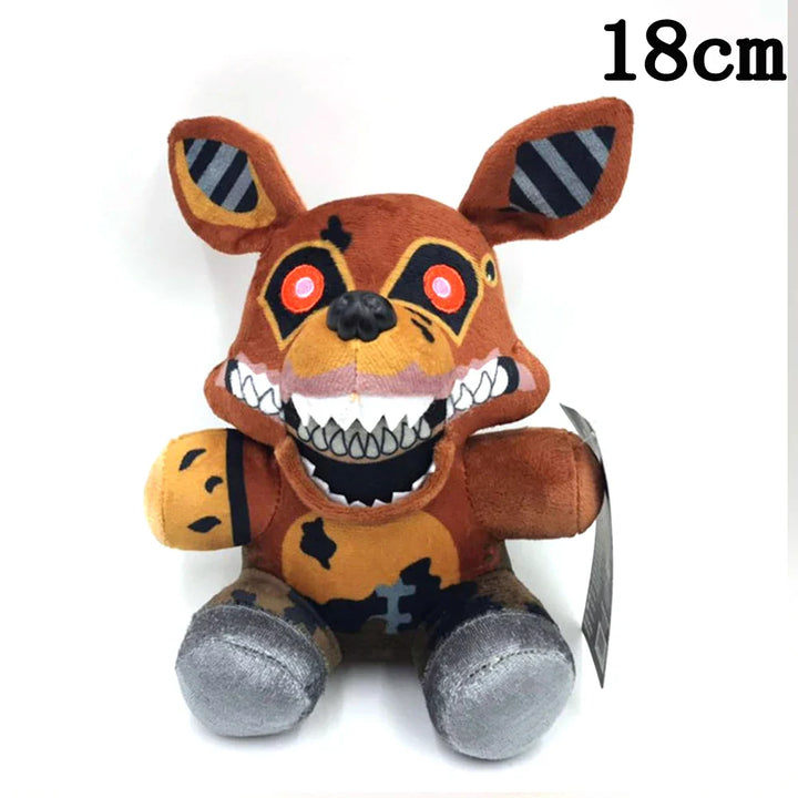 Plush toy with a cartoonish design on a white background, featuring text indicating size.