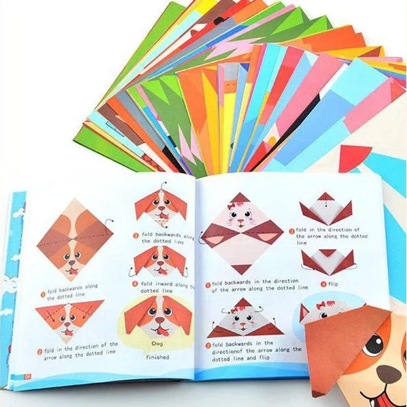 Colorful origami book with instructions and examples on a white background