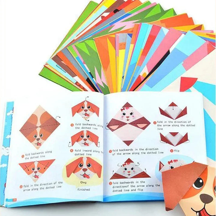 Colorful origami book with instructions and examples on a white background