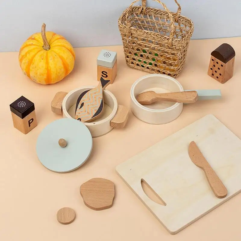 Kids Wooden Kitchen Playset – Pretend Cooking Pot and Pan Set
