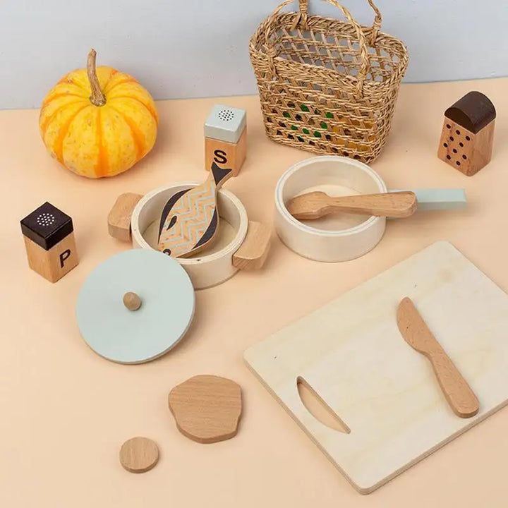 Kids Wooden Kitchen Playset – Pretend Cooking Pot and Pan Set