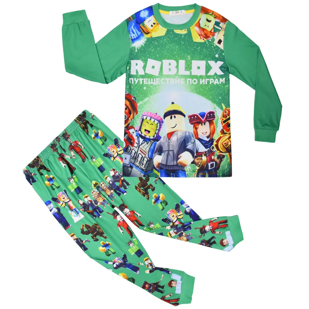 Roblox-themed pajama set with character graphics on a green background.