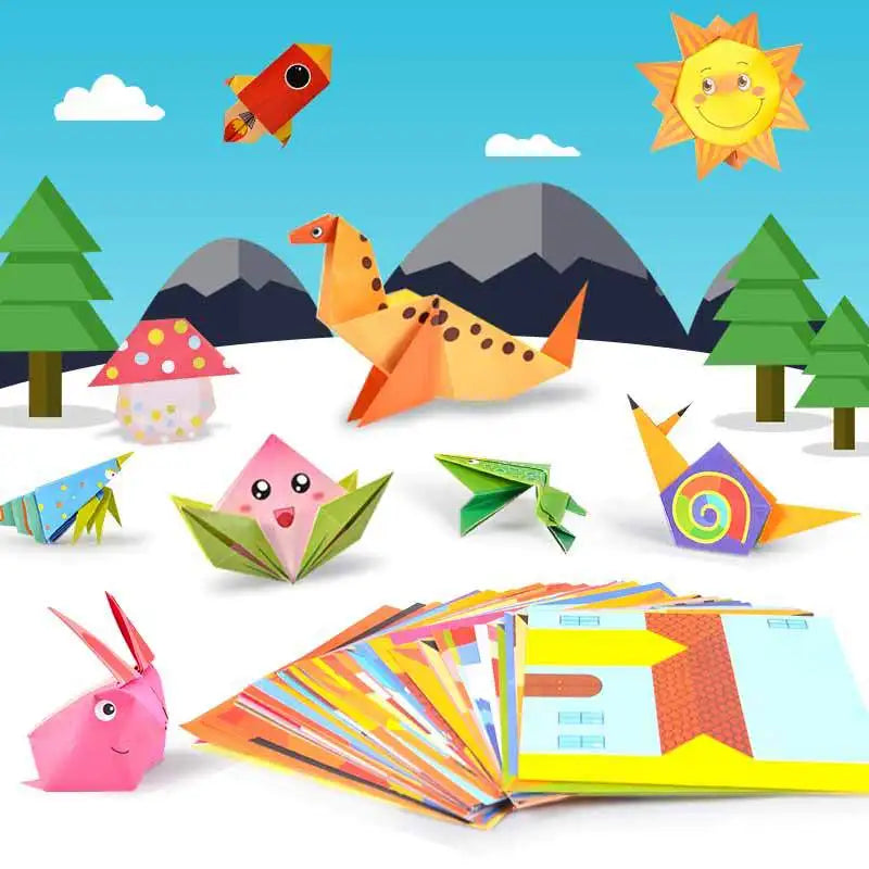Colorful origami creations on a snowy landscape with mountains, trees, and a sun.