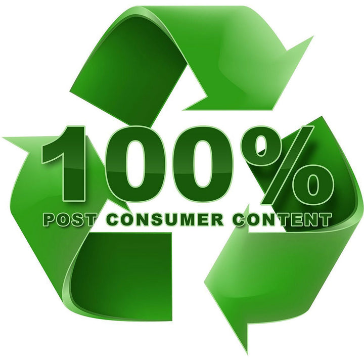 Green recycling symbol with '100% Post Consumer Content' text on a white background