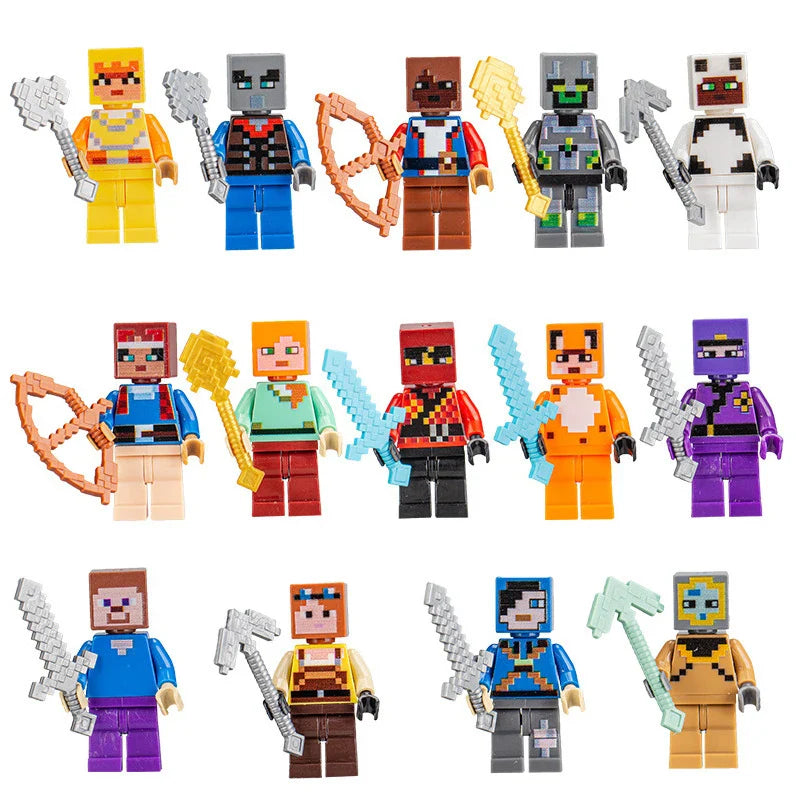 Collection of colorful toy figures with various weapons on a white background.