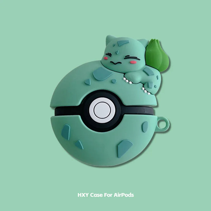 Teal case for AirPods with cartoon character design on a light green background.
