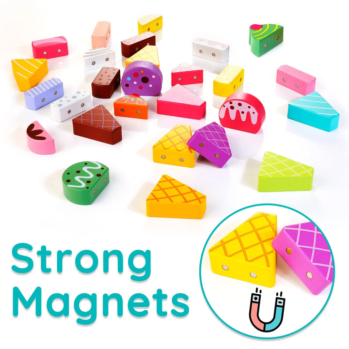 Colorful magnetic blocks with a close-up of two blocks and text strong magnets on a white background.