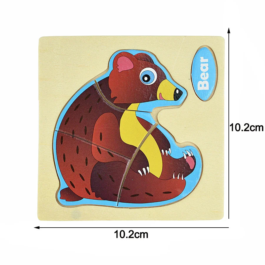 Bear-shaped wooden puzzle with measurements on a beige background.