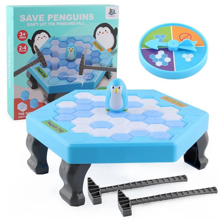 Penguin rescue game with toy penguins, ice blocks, and a spinner on a white background.