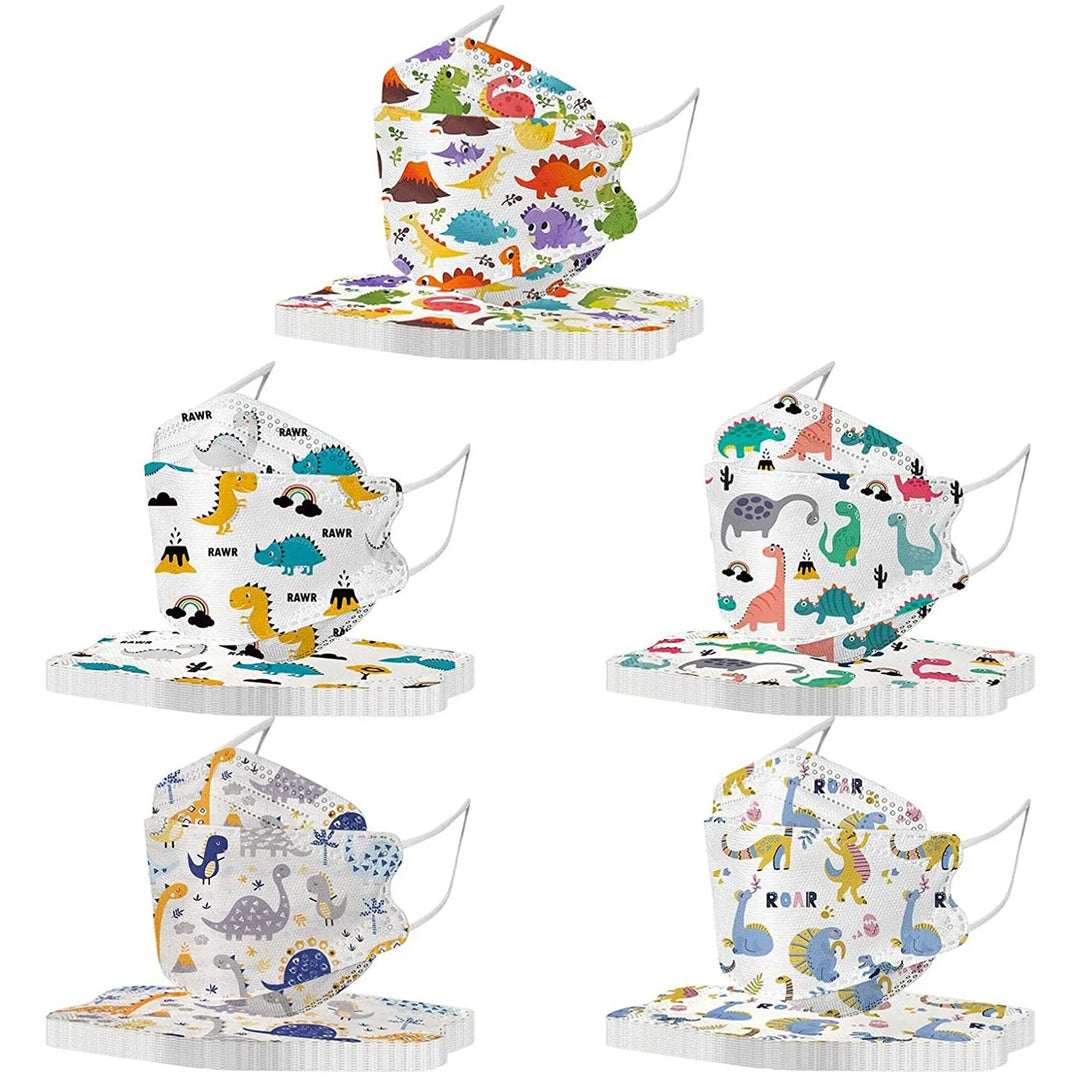 Set of children's face masks with dinosaur patterns on a white background.