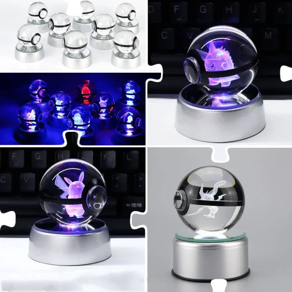 Collage of crystal ball toys with LED lighting on a keyboard background.
