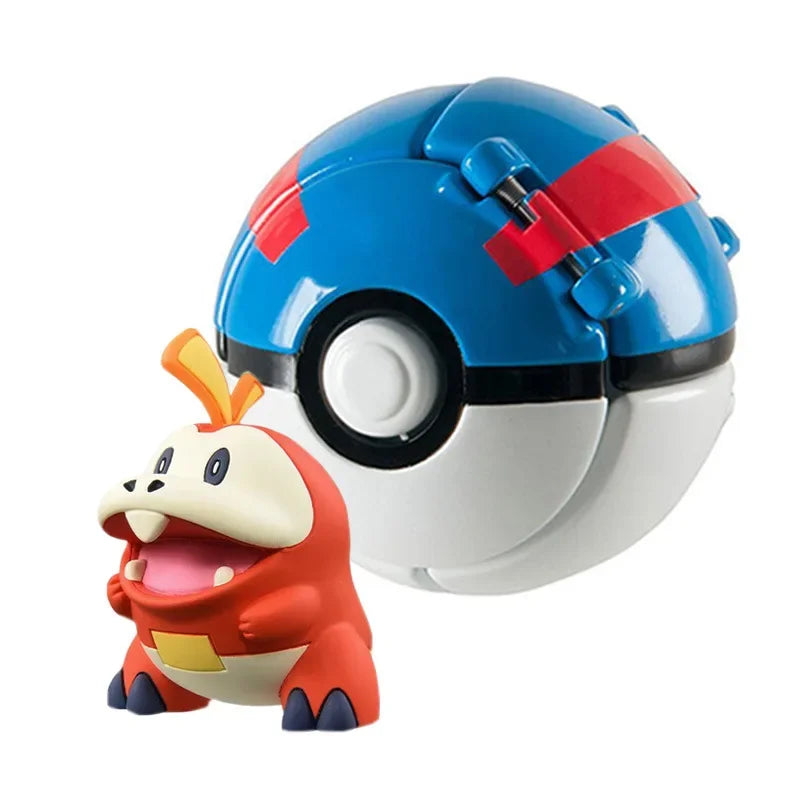 Toy figure of a creature next to a Poké Ball on a white background.