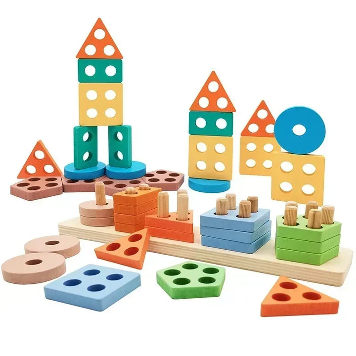 Colorful wooden geometric shape sorting toy set on a white background.