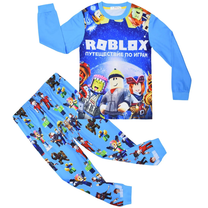 Roblox-themed children's pajama set with characters and branding on a blue background.