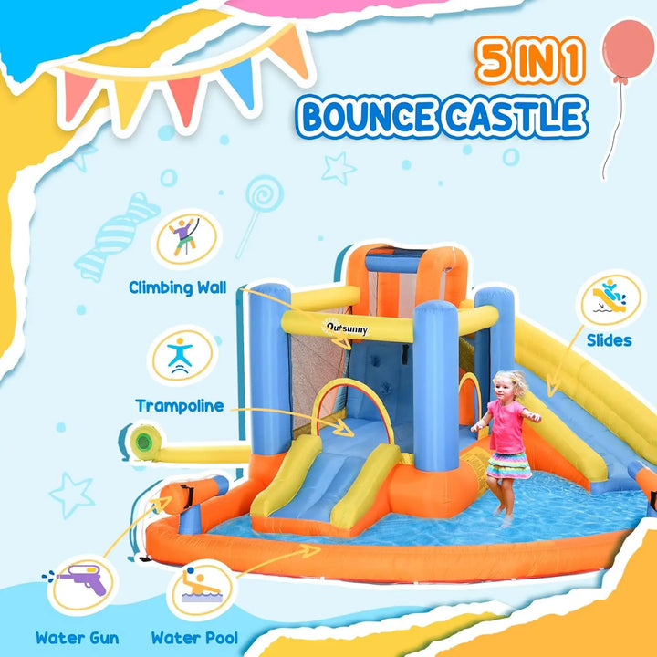 5-in-1 inflatable bounce castle with climbing wall, slides, trampoline, water gun, and water pool on a colorful background.