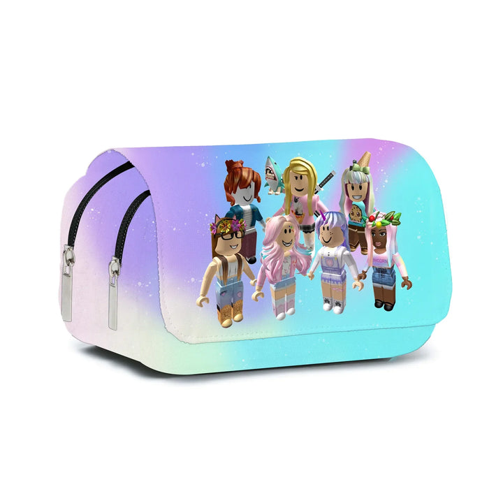 Pencil case with cartoon characters on a gradient background.