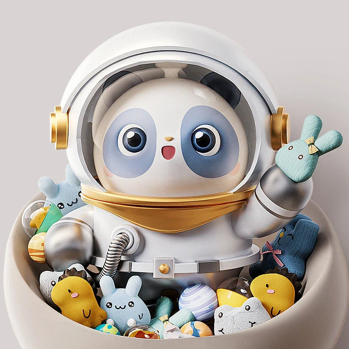 Cartoon character in an astronaut suit with small plush toys around.