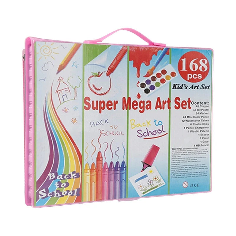 Super Mega Art Set packaging with colorful illustrations and text on a white background.