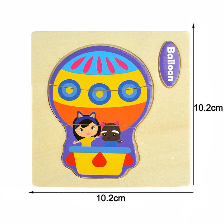 Colorful hot air balloon puzzle with dimensions on a beige background.