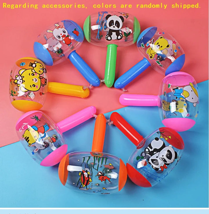 Colorful toy set with cartoon characters on a pink and blue background.