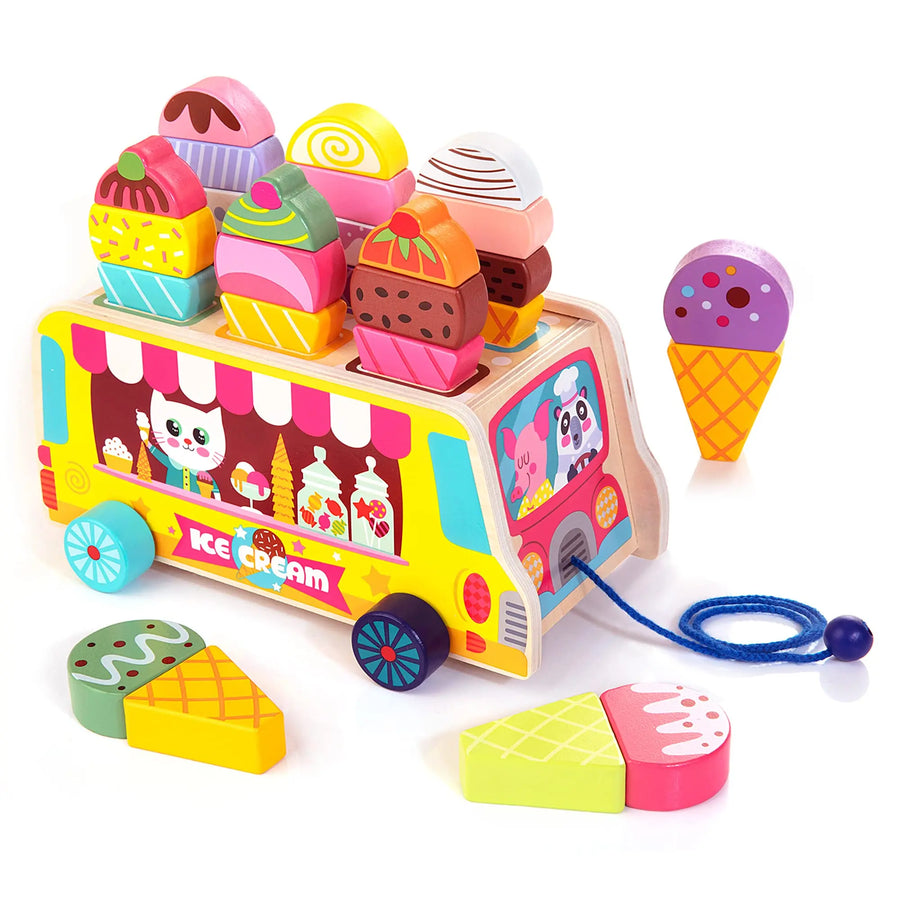Wooden Ice Cream Truck Toy Magnetic Pretend Play Food Set