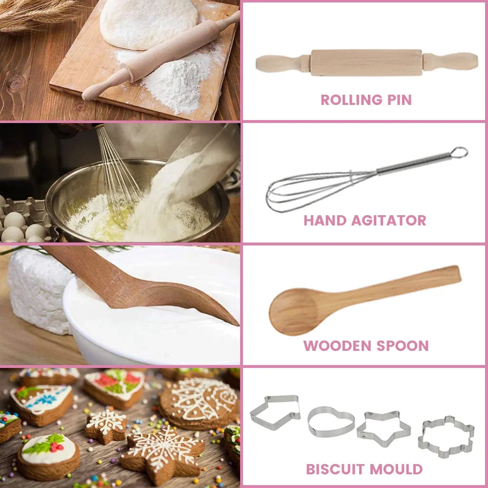 Baking tools and ingredients with labels on a pink background.