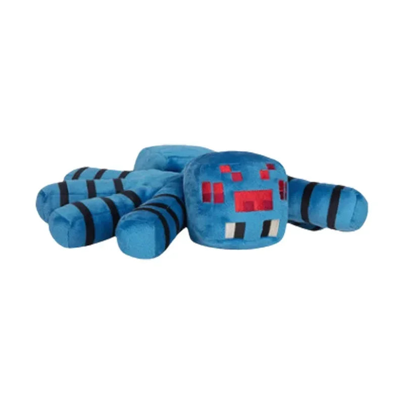 Blue plush toy with red and white face on a white background.