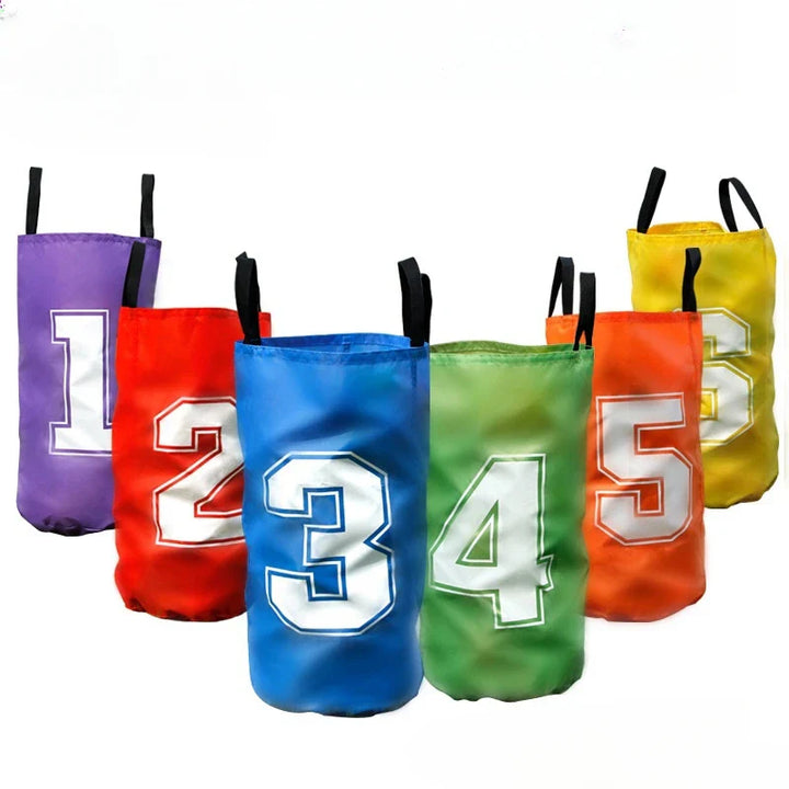 Set of colorful sacks with numbers on a white background.