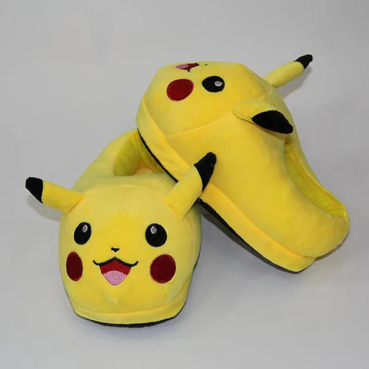 Yellow Pikachu slippers on a white background.