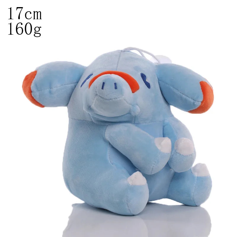 Blue plush elephant toy with orange accents on a white background.