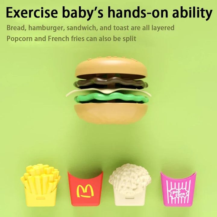 Colorful toy hamburger, fries, and popcorn on a green background with text about baby activities.