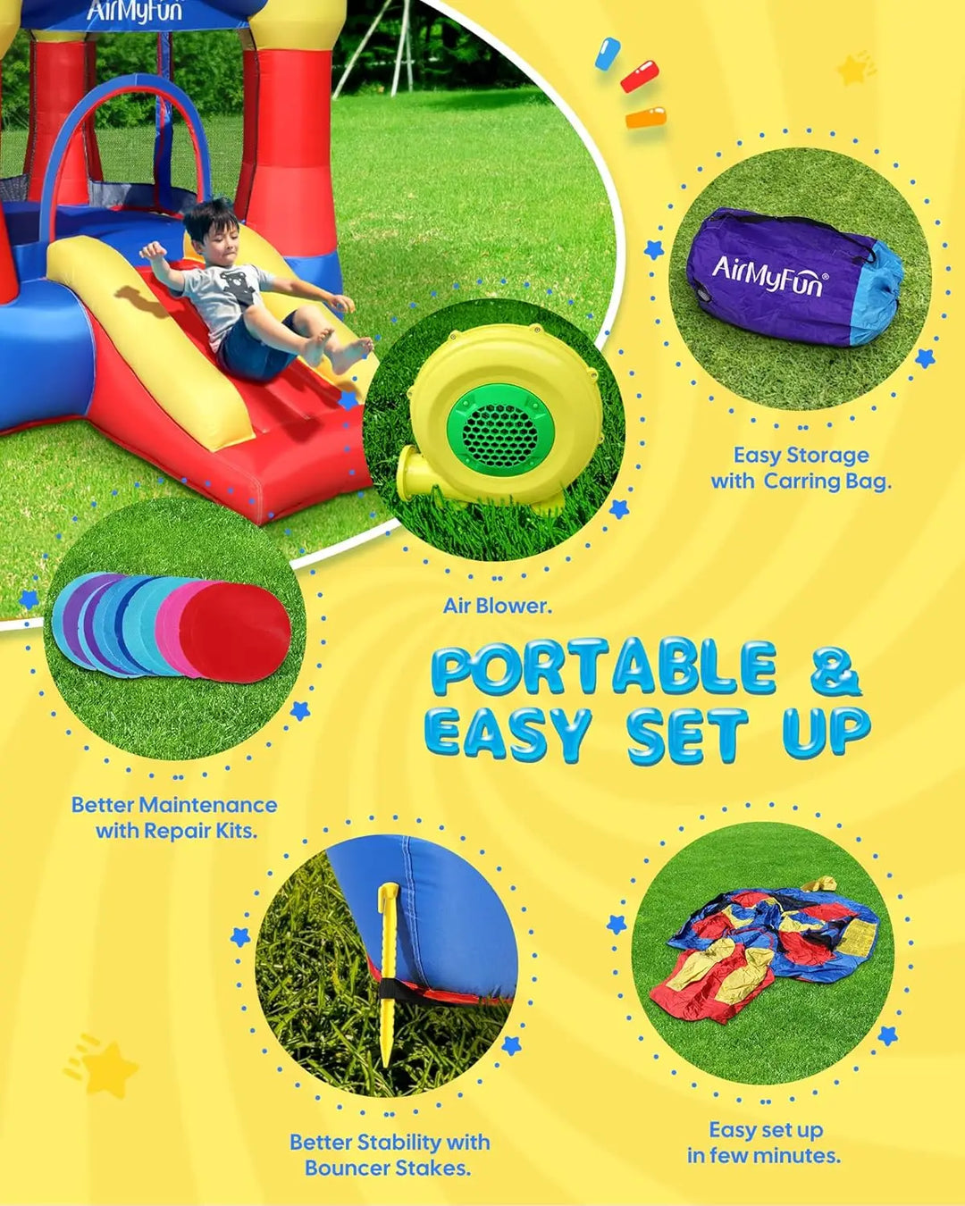 Children's inflatable playground with various features highlighted on a yellow background.