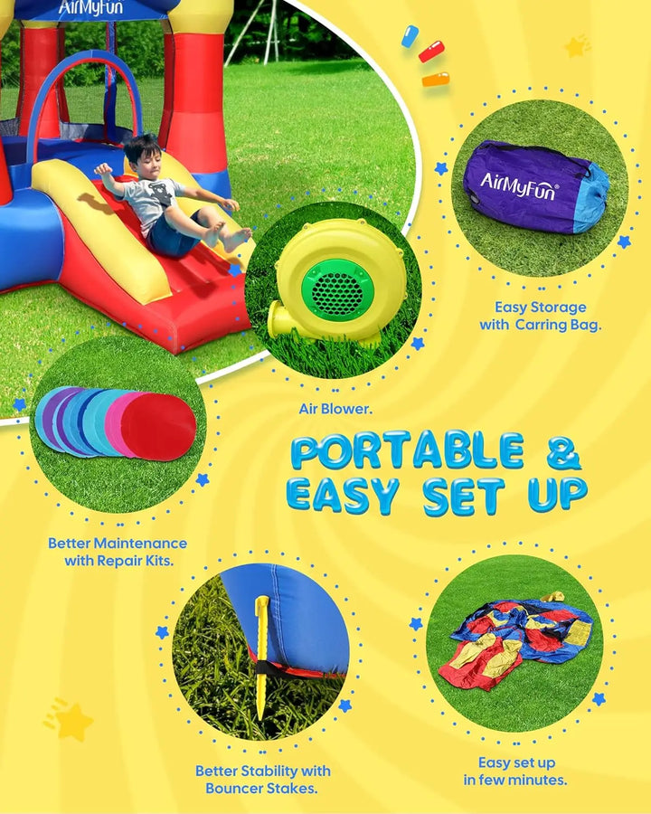 Children's inflatable playground with various features highlighted on a yellow background.