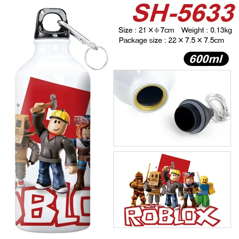 Roblox-themed water bottle with character design and product details.