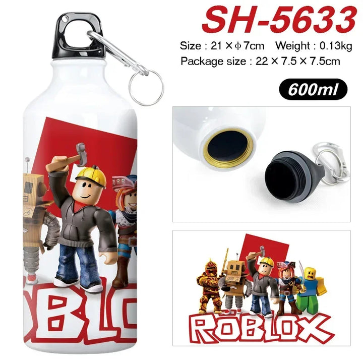 Roblox-themed water bottle with character design and product details.