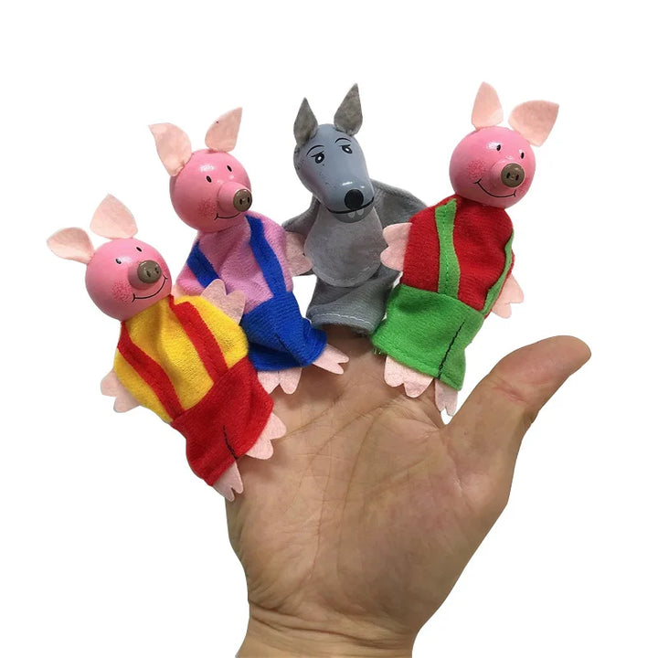 Set of colorful finger puppets on a hand against a white background.