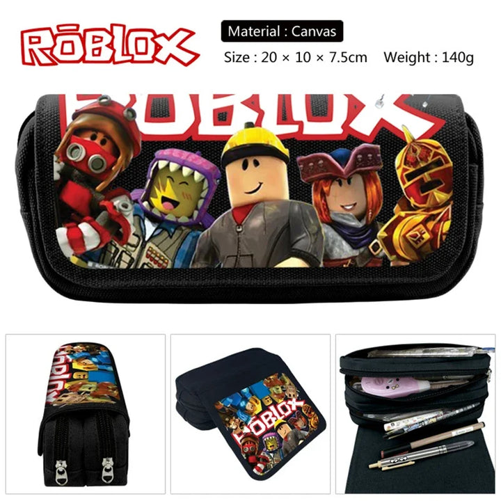 Roblox-themed pencil case with character illustrations on a white background.