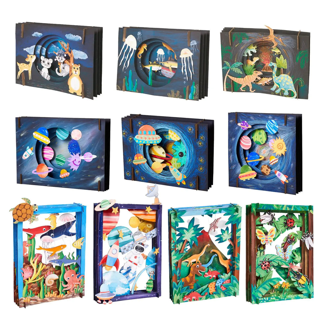 Collection of colorful 3D animal and nature-themed boxes on a white background.