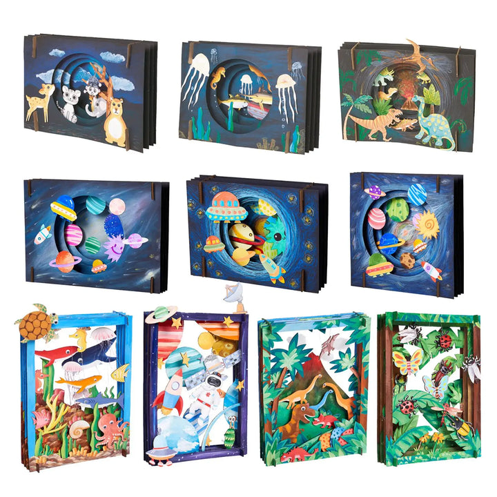 Collection of colorful 3D animal and nature-themed boxes on a white background.