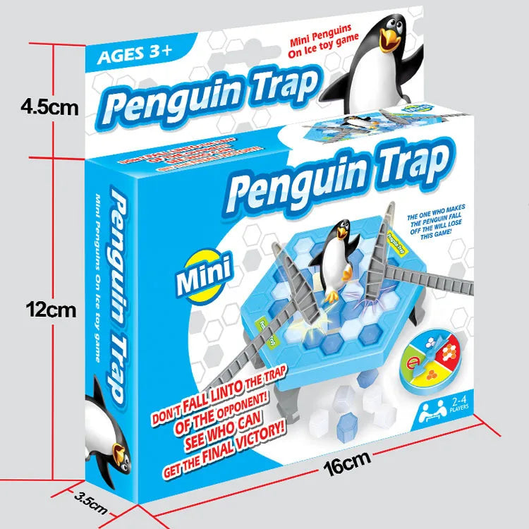 Penguin Trap toy game packaging with dimensions on a gray background.