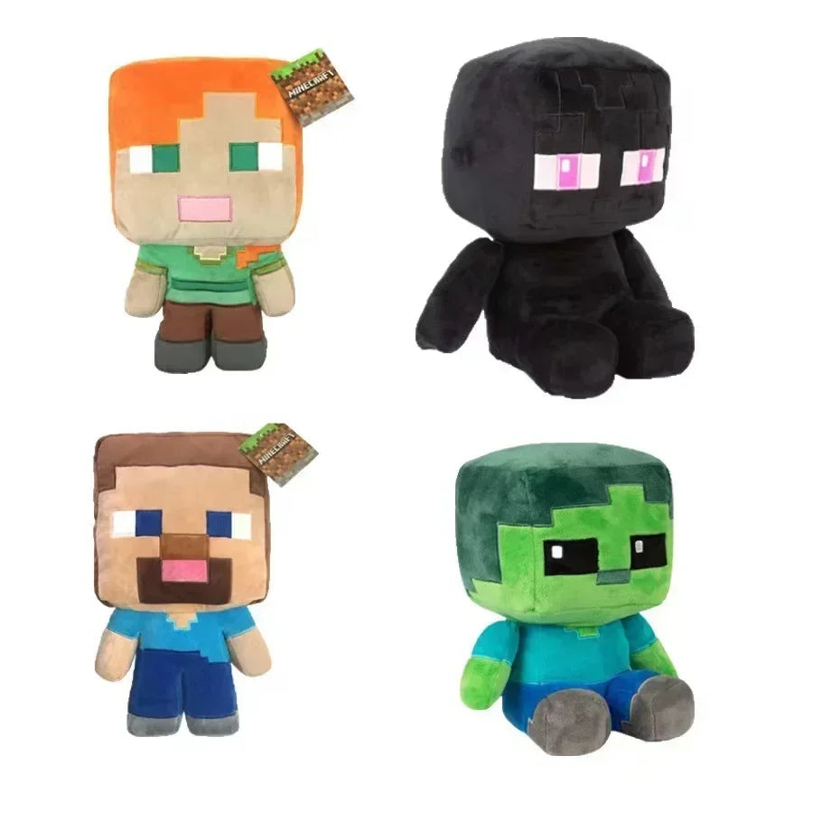 Four Minecraft-themed plush toys on a white background.